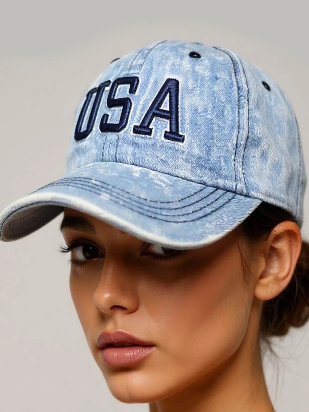 USA Embroidered Light Blue Denim Baseball Cap - Women
